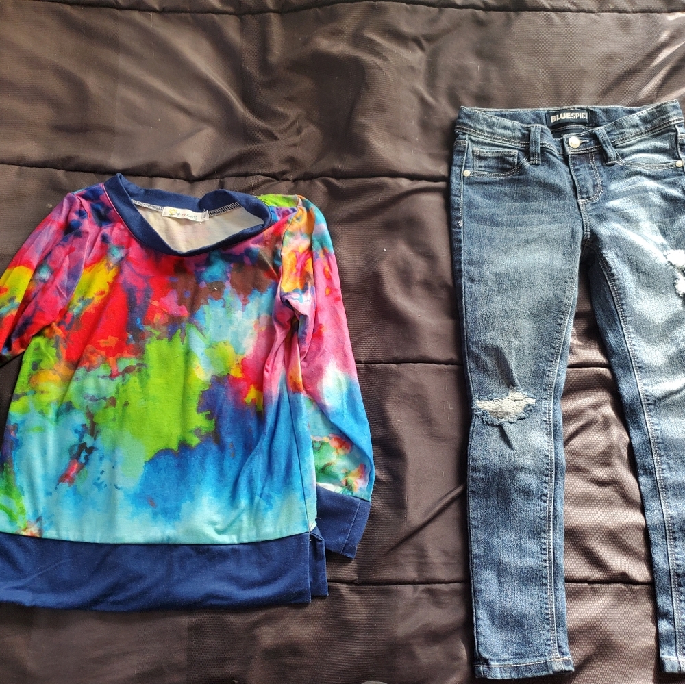 girls 6 distressed skinny jeans and multi color long sleeve